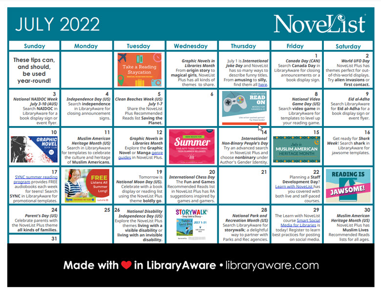 novelist idea calendar july pdf image    